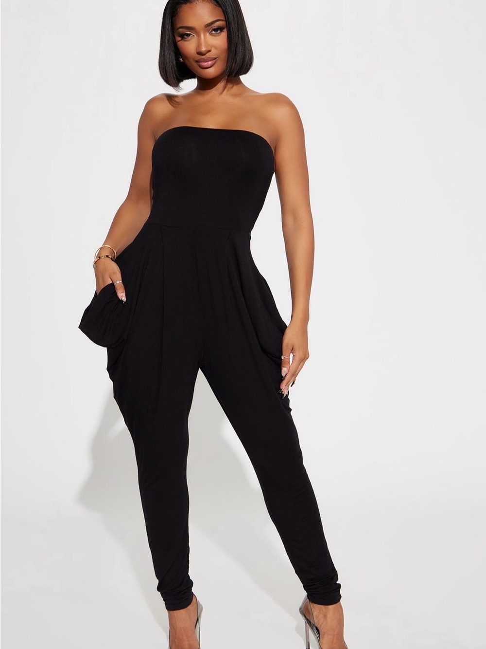 Strapless Black Bat Wing Pocket Jumpsuit - Classic Silhouette